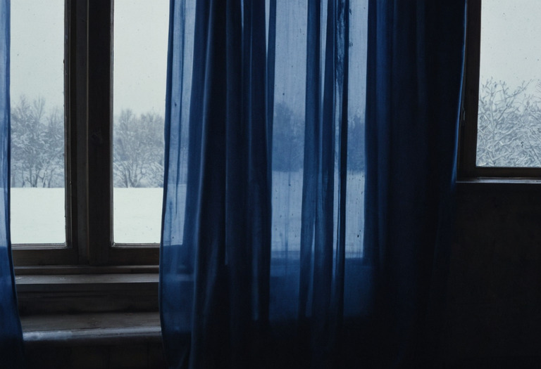 Плотная тёмно-синяя штора у окна, за стеклом заснеженный пейзаж